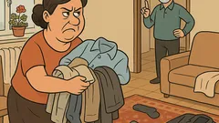 Banc: Nevasta strânge hainele împrăștiate