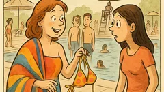 Banc: Tânără la ștrand, costumul în mână